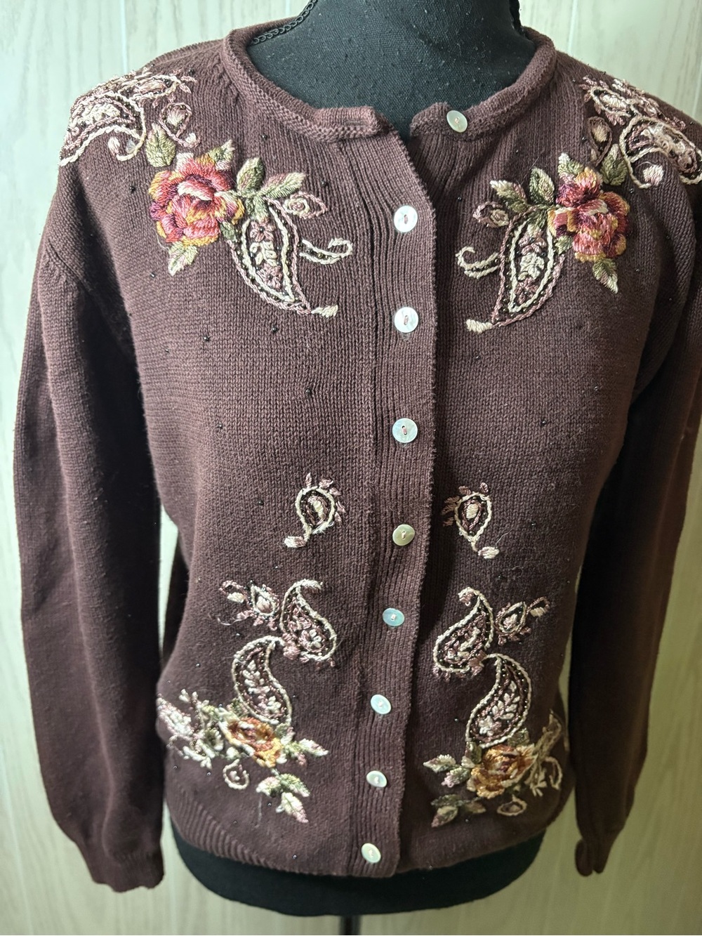 Vintage Cottagecore Brown Embroidered Cardigan Sweater Medium Paisley